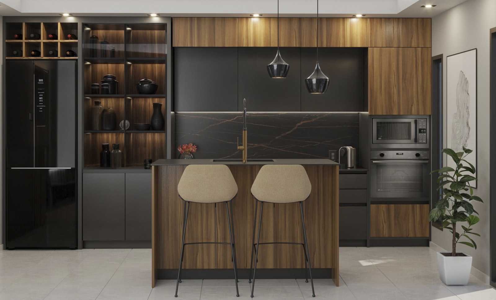 A kitchen island worktop with bar stools.