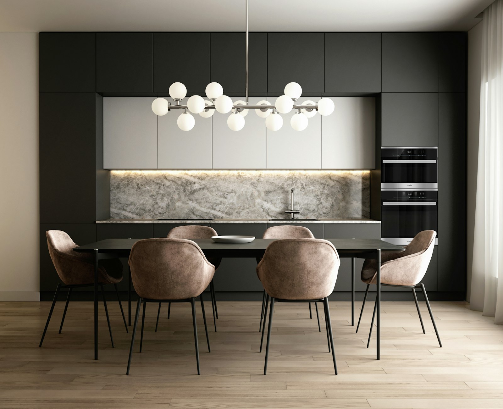 A kitchen and dining area with a lit feature wall.
