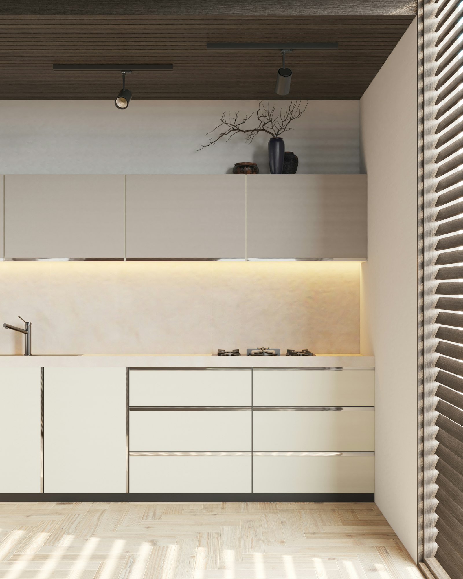 Open shelving in a bright fitted kitchen.
